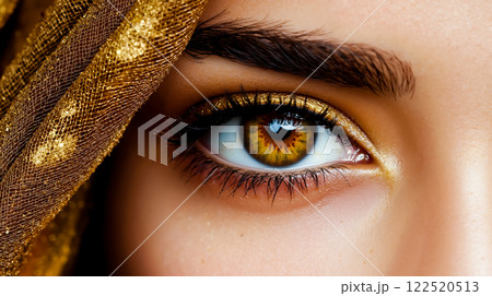 A close up of a woman's eye with a gold veil covering her face 122520513