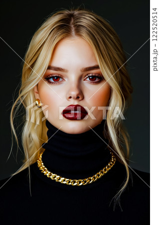 A woman wearing a black turtle neck sweater and a gold chain necklace 122520514