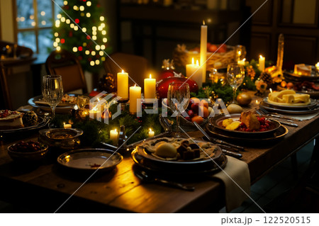 A table set for a dinner party with candles and plates of food 122520515