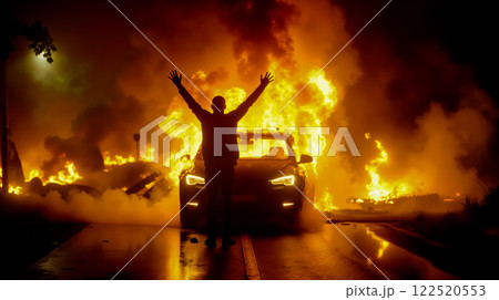 A man standing in front of a car on fire with his arms outstretched 122520553