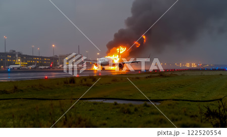 A large jetliner on fire on the runway at an airport 122520554