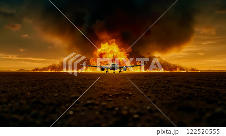 A plane is flying in front of a large explosion A plane is flying in front of a large explosion 122520555
