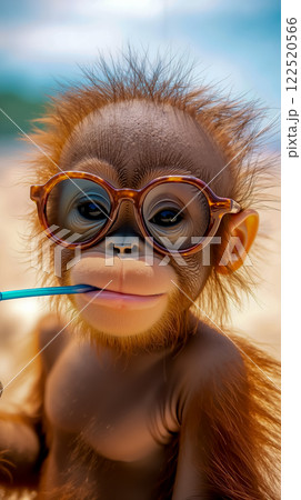 A baby orangutan wearing glasses with a straw in its mouth 122520566