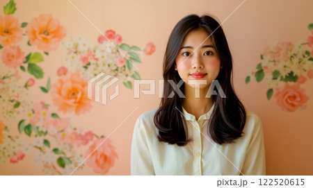 A woman standing in front of a wall with flowers on it 122520615