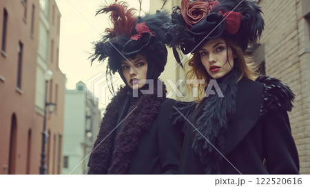 Two women in black coats and hats are walking down the street 122520616