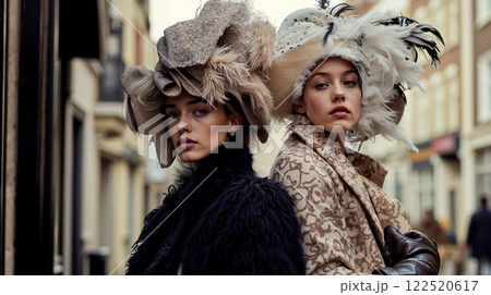 Two women wearing hats with feathers on their heads 122520617
