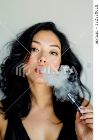 A woman smoking an electronic cigarette in her hand 122520618