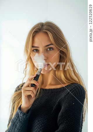 A woman smoking an electronic cigarette in front of a window 122520619