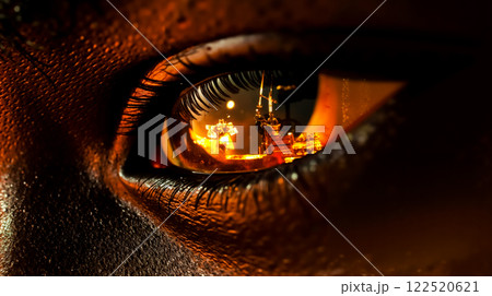A close up of a person's eye with a reflection of a city in the iris 122520621