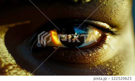 A close up of a woman's eye with a reflection of a city in it 122520623