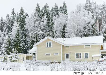 beautiful country house in a snowy pine forest, night lighting, winter fairy tale 122520704