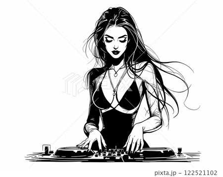 Female DJ Mixing Tracks Line Art Illustration 122521102