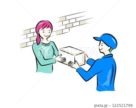 宅配の配達員から荷物を受け取る主婦|家族シリーズ 宅配の配達員から荷物を受け取る主婦|家族シリーズ 122521799