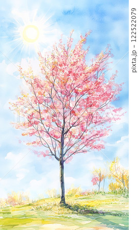 青空に舞う桜吹雪｜春の丘に咲く一本桜と爽やかな風景 122522079