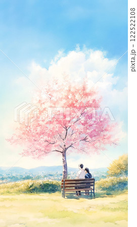春の青空と満開の桜|公園のベンチで過ごすカップルのロマンチックなひととき 春の青空と満開の桜|公園のベンチで過ごすカップルのロマンチックなひととき 122522108