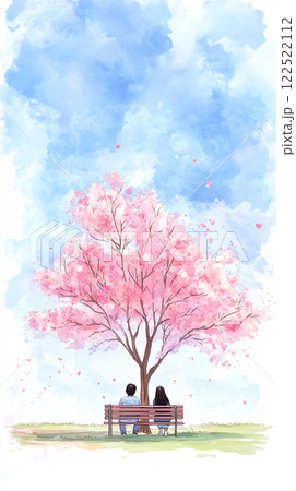 春の桜と青空の下で寄り添うカップル|公園のベンチで過ごすロマンチックなひととき 春の桜と青空の下で寄り添うカップル|公園のベンチで過ごすロマンチックなひととき 122522112