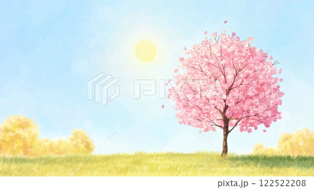 青空に舞う桜の花びら|陽光が輝く春の草原と満開の一本桜 青空に舞う桜の花びら|陽光が輝く春の草原と満開の一本桜 122522208