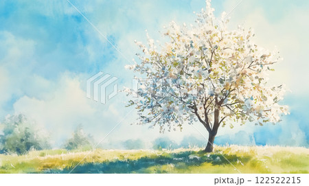幻想的な春の一本桜｜青空に映える淡い桜色と柔らかな春の風景 122522215