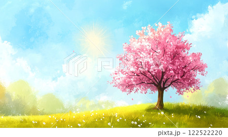 春の丘に咲く一本桜と青空｜満開の桜と花畑が広がる絶景風景 122522220