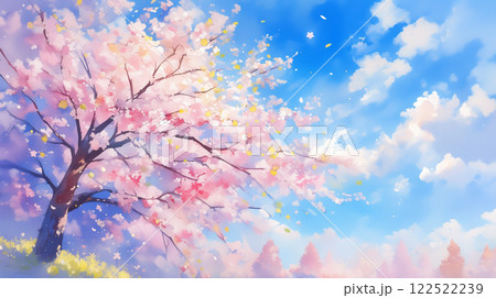 春色の一本桜と広がる青空｜田園風景に映える満開の桜の木 122522239