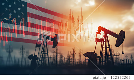 ポンプジャックと株価グラフ　石油市場の変動イメージ 122522265