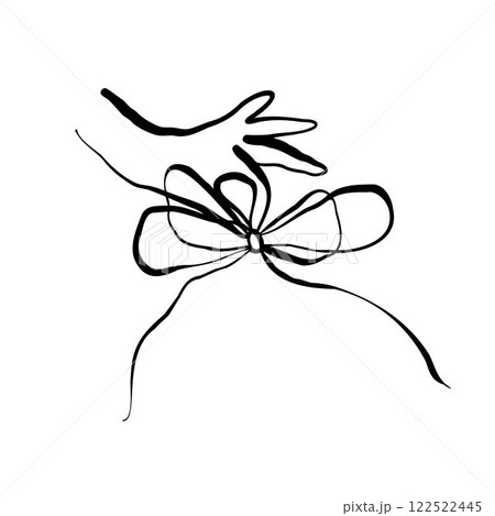 Bow in hand line art drawing in sketchy style. Hand holding decorative ribbon bow. Black linear design hand drawn vector illustration 122522445