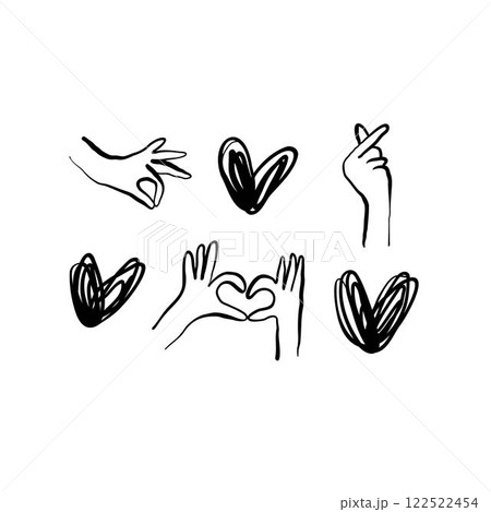 Hands with hearts collection of illustrations in hand drawn style. Vector Illustration of hands and hearts. Line art in a minimalist style. Logo design, posters, cards. 122522454