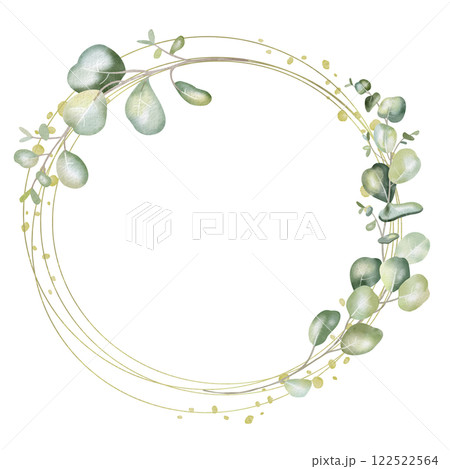 Watercolor illustration of round frame with eucalyptus leafs. Ideal for romantic greeting cards, invitations to weddings or birthdays. Cosmetics, perfumes and home decor. Frame for websites or apps 122522564