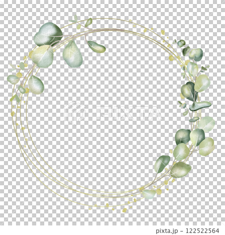 Watercolor illustration of round frame with eucalyptus leafs. Ideal for romantic greeting cards, invitations to weddings or birthdays. Cosmetics, perfumes and home decor. Frame for websites or apps 122522564