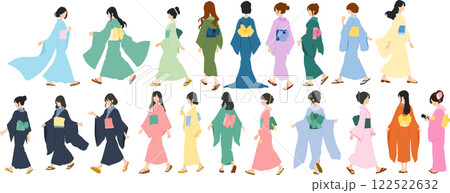 浴衣(着物)を着た女性のイラストセット 122522632