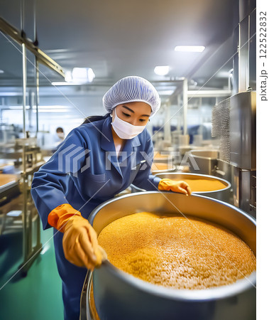 食品加工工場でカレーを作る女性作業者のイメージ素材 食品加工工場でカレーを作る女性作業者のイメージ素材 122522832