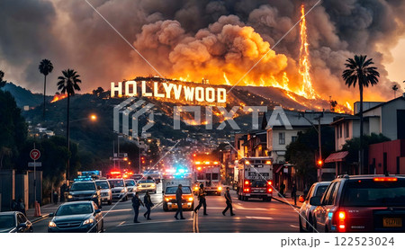 a dramatic scene with a massive fire burning on the Hollywood sign hill, casting a red and orange glow over the area. 122523024