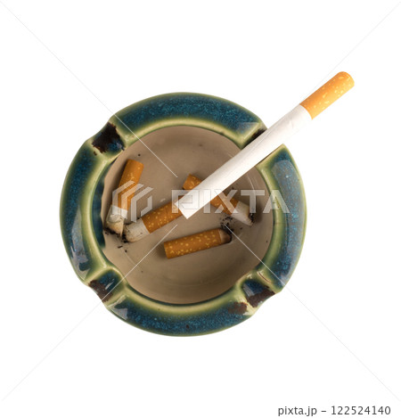 Ceramic ashtray with cigarette top view isolated on white background 122524140