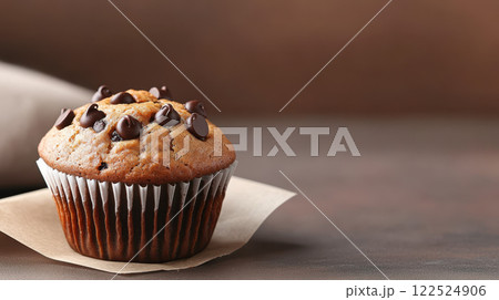 Delicious chocolate chip muffin with cracked top on paper liner 122524906