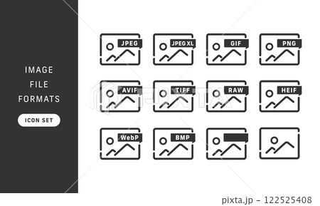 画像ファイルの形式別ベクターアイコンセット (JPEG、PNG、次世代フォーマットなど) 画像ファイルの形式別ベクターアイコンセット (JPEG、PNG、次世代フォーマットなど) 122525408