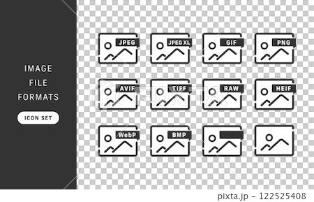 画像ファイルの形式別ベクターアイコンセット (JPEG、PNG、次世代フォーマットなど) 画像ファイルの形式別ベクターアイコンセット (JPEG、PNG、次世代フォーマットなど) 122525408