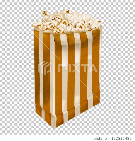 Popcorn in a package. Snack in a paper bag. Watercolor illustration without background. Striped classic retro design for cinema and circus souvenirs. airy light snacks. Popcorn in a package. Snack in a paper bag. Watercolor illustration without background. Striped classic retro design for cinema and circus souvenirs. airy light snacks. 122525486