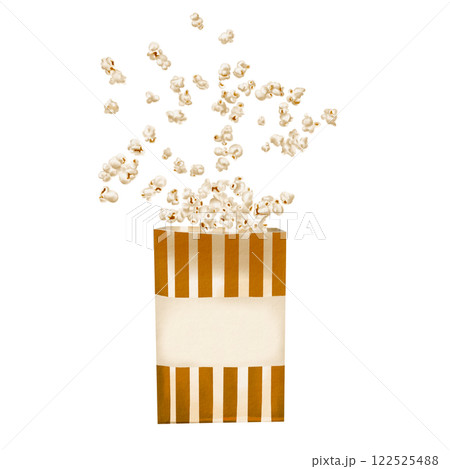 Popcorn flies out of a paper bag. A small crispy snack flies in different directions. Striped paper bag. Classic retro style for movies and parties. watercolor illustration isolated from background. Popcorn flies out of a paper bag. A small crispy snack flies in different directions. Striped paper bag. Classic retro style for movies and parties. watercolor illustration isolated from background. 122525488