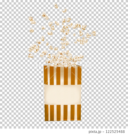 Popcorn flies out of a paper bag. A small crispy snack flies in different directions. Striped paper bag. Classic retro style for movies and parties. watercolor illustration isolated from background. Popcorn flies out of a paper bag. A small crispy snack flies in different directions. Striped paper bag. Classic retro style for movies and parties. watercolor illustration isolated from background. 122525488