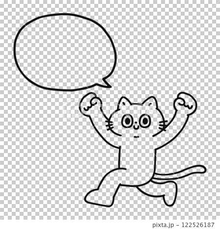 一隻有趣的貓舉起雙手跑來跑去，嘴裡還畫著一個對話泡泡 — 線條畫 122526187