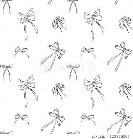 Seamless pattern bow in hand line art drawing in sketchy style. Hand holding decorative ribbon bow. Black linear design hand drawn vector illustration 122526265