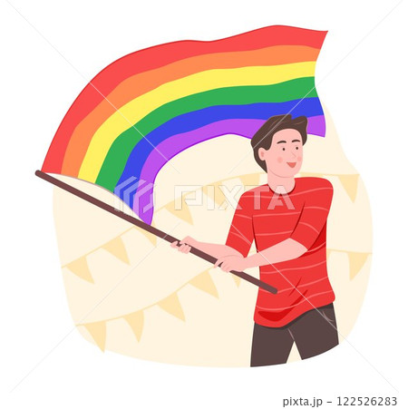 Gay Man Holding Rainbow Flag for LGBT Gay Pride Celebration Concept Illustration 122526283
