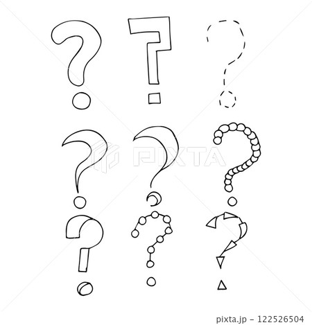 A hand-drawn set of question marks in black ink on a white background in a simple style 122526504