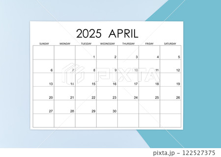April calendar card for 2025 year on blue background. 122527375