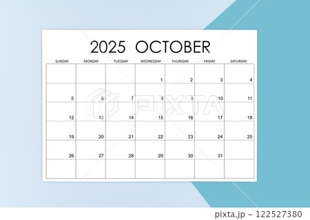 October calendar card for 2025 year on blue background. October calendar card for 2025 year on blue background. 122527380