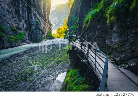 Tourist footbridge in the narrow Aare gorge, Meiringen, Switzerland Tourist footbridge in the narrow Aare gorge, Meiringen, Switzerland 122527770