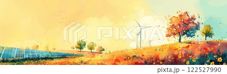 Solar panels, wind turbines, renewable energy, global warming, vector art, pastel yellow background 122527990