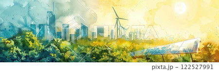 Solar panels, wind turbines, renewable energy, global warming, vector art, pastel yellow background 122527991