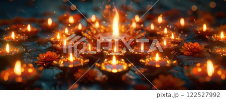 Close-up of lit diya lamps, arranged in a circular pattern, casting warm glow on a dark background. 122527992