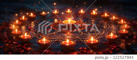 Candles arranged in a circle on a dark background with intricate designs. 122527993